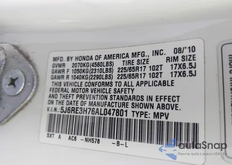 2010 Honda Cr-V Exl z USA, uszkodzony, nr VIN 5J6RE3H76AL047801